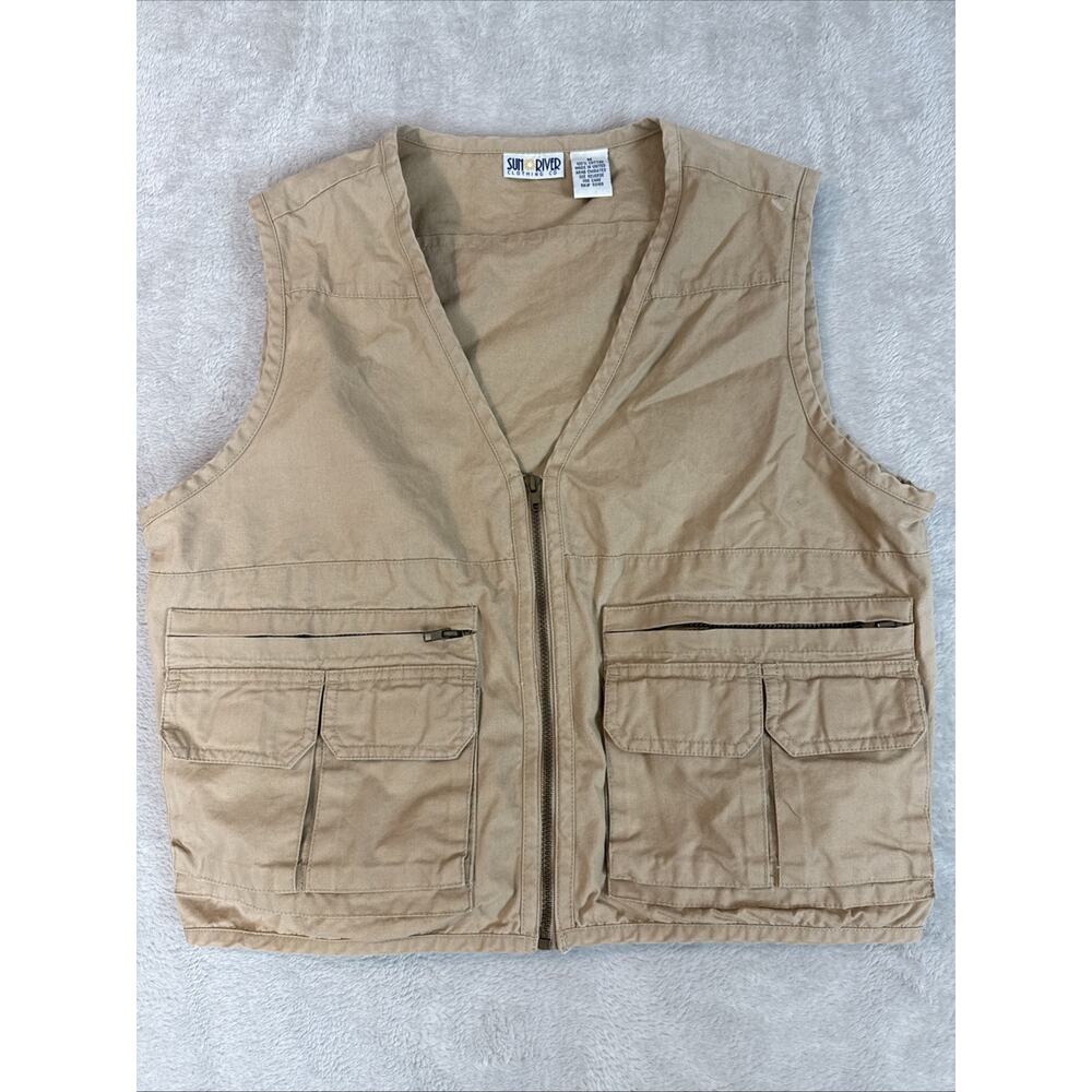 VTG Y2K Utility Cargo Vest M Khaki Cropped Gorpcore Hike Safari Fisherman 90s